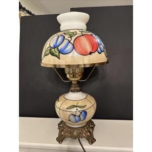 Vintage GWTW Parlor Ornate 3-Way Lamp Hand Painted Fruit Cream Luster 19” Works